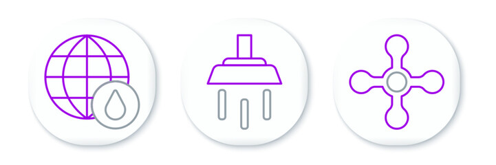 Set line Water tap, Earth planet in water drop and Shower icon. Vector