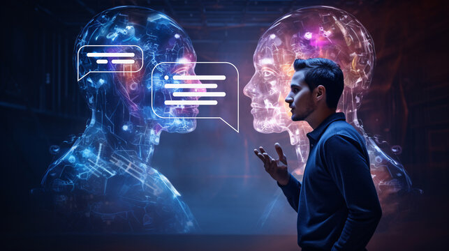 Person talking or chat with robot AI. Technology of Generative Pre-trained Transformer or machine learning concepts. Generative ai technology.