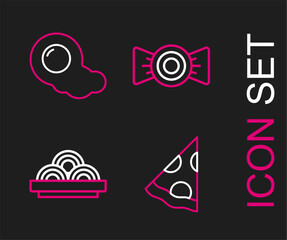 Set line Slice of pizza, Asian noodles in bowl, Candy and Scrambled eggs icon. Vector