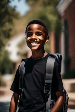 image of an African American boy posing for a back to school photo, wearing a black plain crew neck t-shirt  smiling . He has a backpack on.
