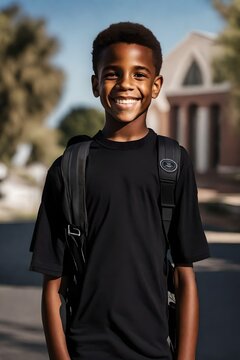 image of an African American boy posing for a back to school photo, wearing a black plain crew neck t-shirt  smiling . He has a backpack on.