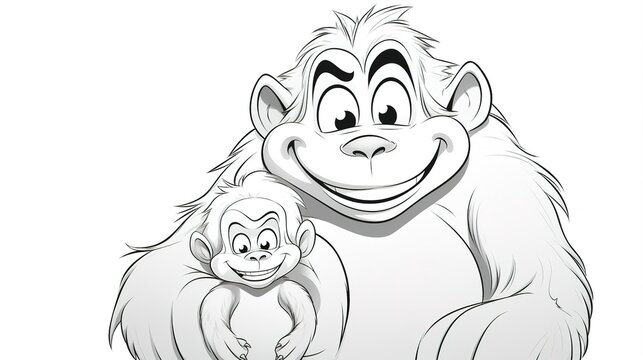 Orangutan coloring page with big cute eyes and her cub. Generative AI