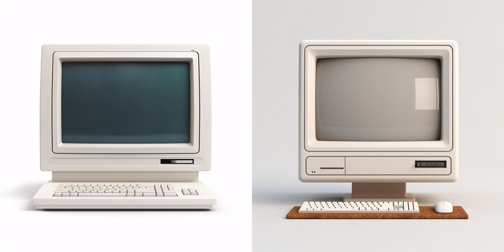 Close up of old computer monitor isolated on white background. Retro wave old personal computer PC. Nostalgia concept.