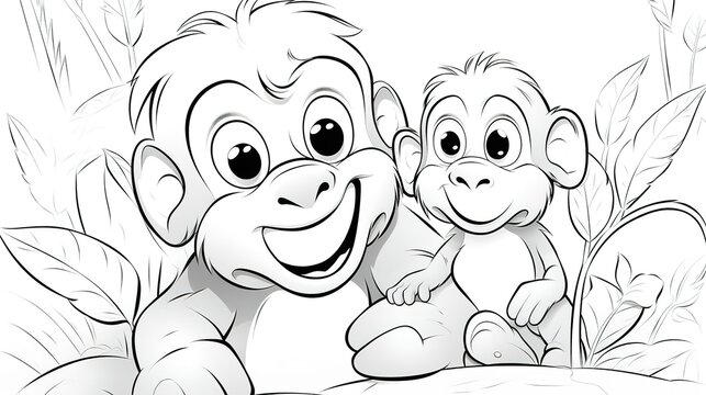 Orangutan coloring page with big cute eyes and her cub. Generative AI