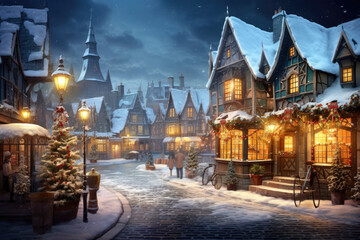 Fototapeta na wymiar Vintage style snowy Christmas village scene - AI Generated