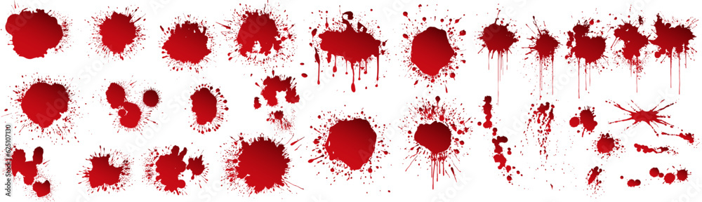 Poster set of realistic bloody splatters. drop and blob of blood. bloodstains. isolated. vector illustratio