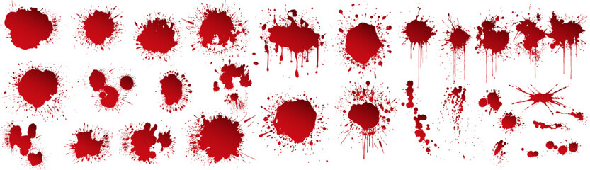 Set of realistic bloody splatters. Drop and blob of blood. Bloodstains. Isolated. Vector illustration of bloody ink drips on white background.