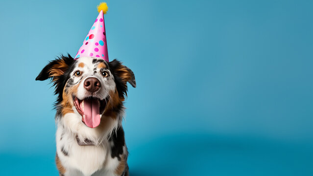 S&uuml;&szlig;er Hund mit einem bunten Partyhut f&uuml;r die &Uuml;berraschung zum Geburtstag als Poster und Druckvorlage mit Platzhalter, ai generativ