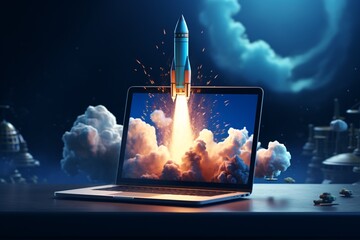 Start up concept. Sucessful start of project. Development concept. Rocket coming out of laptop screen. IT Business startup.