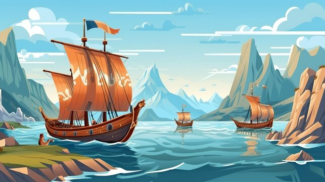 Abstract background Vikings. Eye-catching banner design that captures the spirit of adventure with an illustration of a Viking ship navigating the open sea. Generative AI.