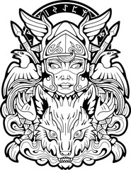 mythological scandinavian valkyrie, outline illustration design