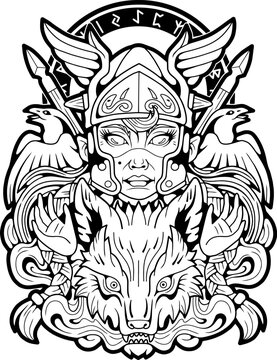 recommend clip art: mythological scandinavian valkyrie, outline illustration design