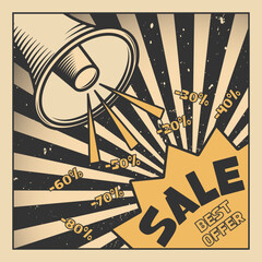 Sale megaphone poster. Discount sale banner on a classic grange retro background.