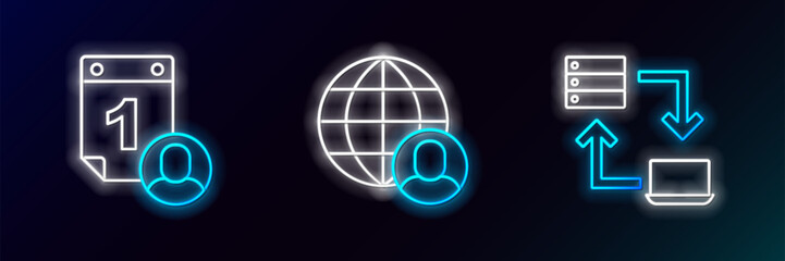 Set line Online working, Time management and Freelancer icon. Glowing neon. Vector