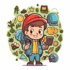 Naklejka premium Young adventurer on an adventure trip. Search for hidden Geocaching treasures in nature. Cartoon vector illustration.