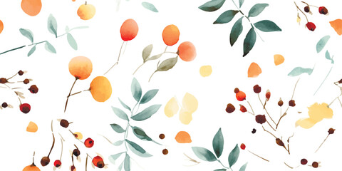 Floral abstract pattern with leaves and berries, seamless colorful print, autumn watercolor illustration on white background