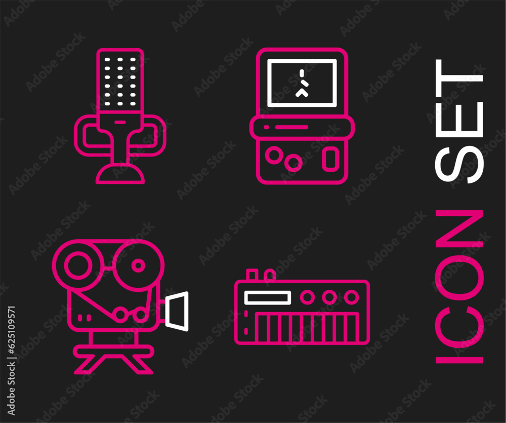 Wall mural set line music synthesizer, retro cinema camera, tetris and microphone icon. vector