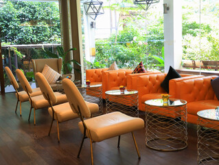 The interior living room in the garden as furniture and lots of green plants