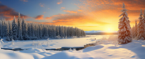 Fototapeta na wymiar Beautiful snowy landscape at sunset - AI Generated