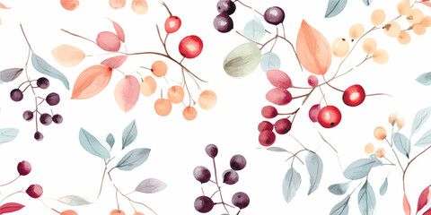 Floral abstract pattern with leaves and berries, seamless colorful print, autumn watercolor illustration on white background