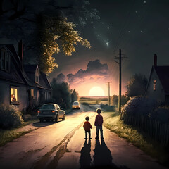 Two kids walking on unpaved village road lit by street lamps, having village houses and farms on both sides under a starry night. 