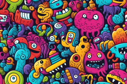 Whimsical doodle seamless pattern bringing joy and laughter, Generative AI