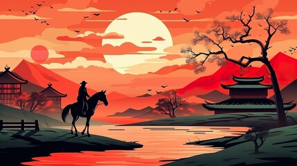 Abstract background Japanese samurai. Illustration that showcase Japan, portraying a formidable samurai amidst a breathtaking sunset. Generative AI.