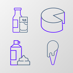 Set line Ice cream in waffle cone, Whipped bottle, Cheese and Bottle milk and glass icon. Vector