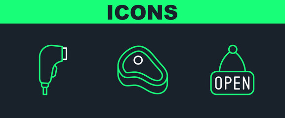 Set line Hanging sign with Open, Scanner scanning bar code and Steak meat icon. Vector