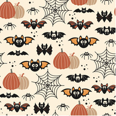 Halloween seamless pattern. Vector illustration of Halloween party. Bats, spider web and pumpkins on a light background. Vector cartoon seamless pattern.