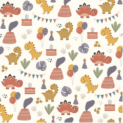 Happy birthday seamless pattern with cute dinosaurs. Dino baby vector background. Vector illustration in funny cartoon style.