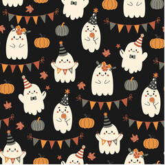 Halloween seamless pattern. Vector illustration of Halloween party. Cute ghosts on a dark background. Vector cartoon seamless pattern.