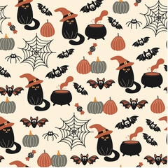 Halloween seamless pattern. Vector illustration of Halloween party. Black cat, bat, spider web and pumpkins on a light background. Vector cartoon seamless pattern.