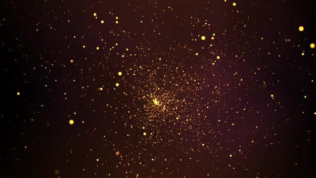 Gold particles abstract background with shining golden particle stars dust. Beautiful futuristic glittering in space on black background. 4k