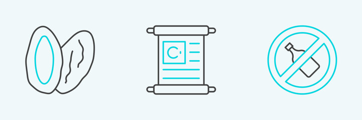 Set line No alcohol, Date fruit and Holy book of Koran icon. Vector