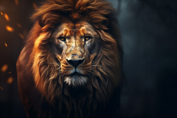 Fototapeta na wymiar Wildlife wild face cat dark portrait predator big africa nature king animal mammal lion