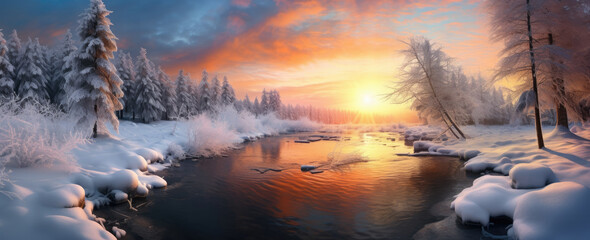 Fototapeta na wymiar Beautiful snowy landscape at sunset - AI Generated