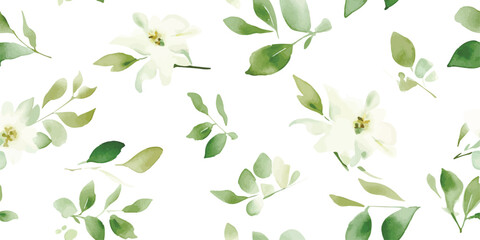 Plakat Floral pattern with green branches and leaves, watercolor seamless print on white background