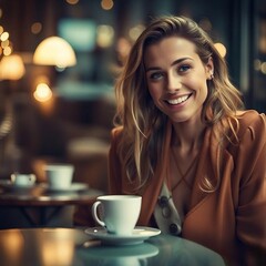 smiling woman drinking coffee in cafe