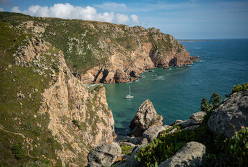 Fototapeta na wymiar The stunning top landscape view of cliffs in Cabo da Roca to Azenhas do Mar