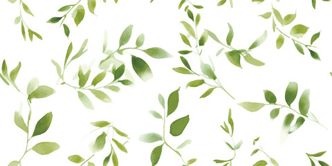 Floral pattern with green branches and leaves, watercolor seamless print on white background