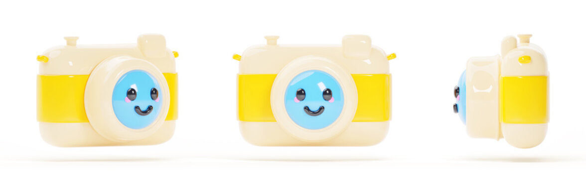Cartoon 3d render set of cute photo camera character with happy face emoticon. Funny isolated photographic equipment icons with smile and eyes. Comic travel gadget front and side view. 3D illustration