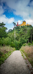 The landscape view of Palácio da Pena in the middle of the green forest, the natural contrast between green, yellow, red and blue colors 