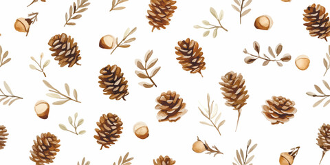 Floral seamless pattern with cones and acorns, watercolor illustration isolated on white background in minimalism style for autumn print, Christmas, New Year textile or wrapping paper for gifts