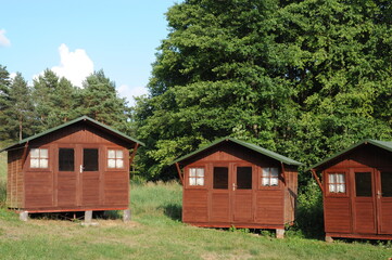 Obraz premium Wooden cabin or lodge as summerhouse in a forest with green grass on a sunny summer day