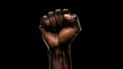 Fototapeta na wymiar Black Clenched fist raised up, black lives matter, blackout tuesday, blackout week, racial injustice, black fist in air on black background, Fight racism. Human rights, fight, anti racism protest