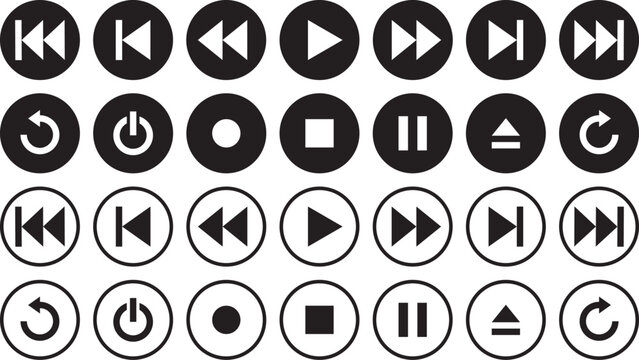 モノクロの映像・音声操作ボタン（再生、停止、早送り等）のベクターイラストセット