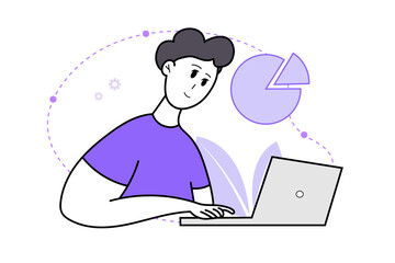 Smiling student is satisfied with learning online courses using laptop. Vector illustration concept of online learning courses, trainings, seminars, business.