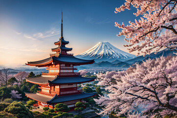 Obraz premium Mount Fuji and cherry blossom in Japan at sunset. Panorama 