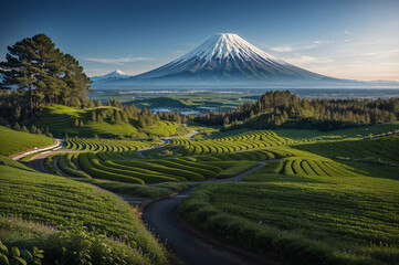 Beautiful panoramic view of Mt. Fuji and tea plantations

